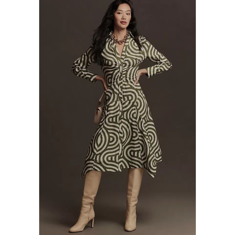 Anthropologie Long Sleeve Poplin Shirt Dress Womens 14 Green Geometric Midi Fall